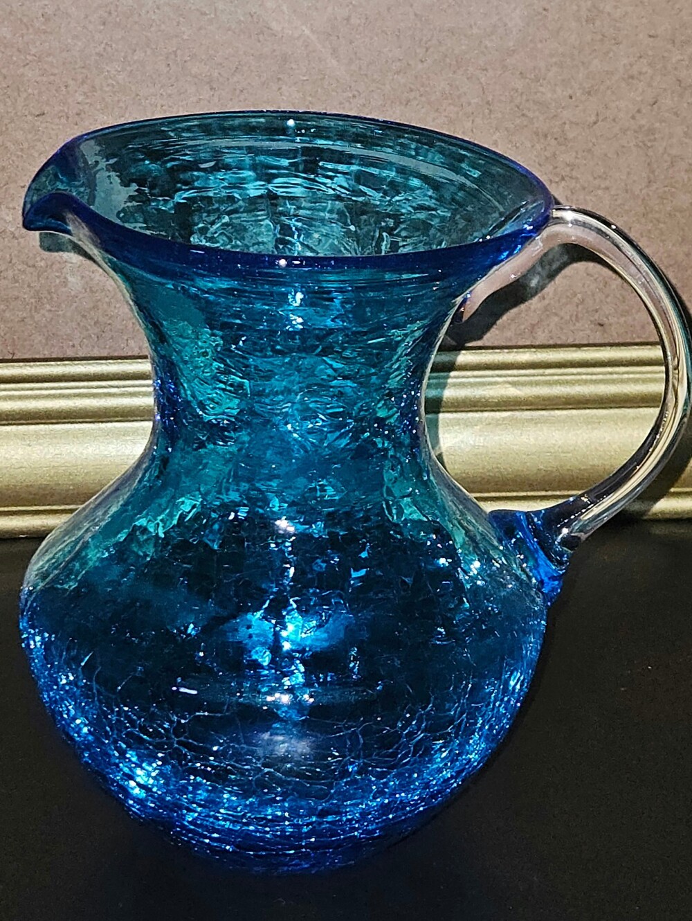 Vintage Hand Blown 6" Cobalt Blue Thick Crackle Glass Pitcher Vase